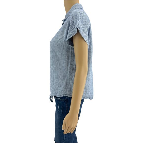 Weatherproof (S) Blue Pinstripe Washable Linen Cap Sleeve Knot Tie Crop Top - Picture 3 of 6